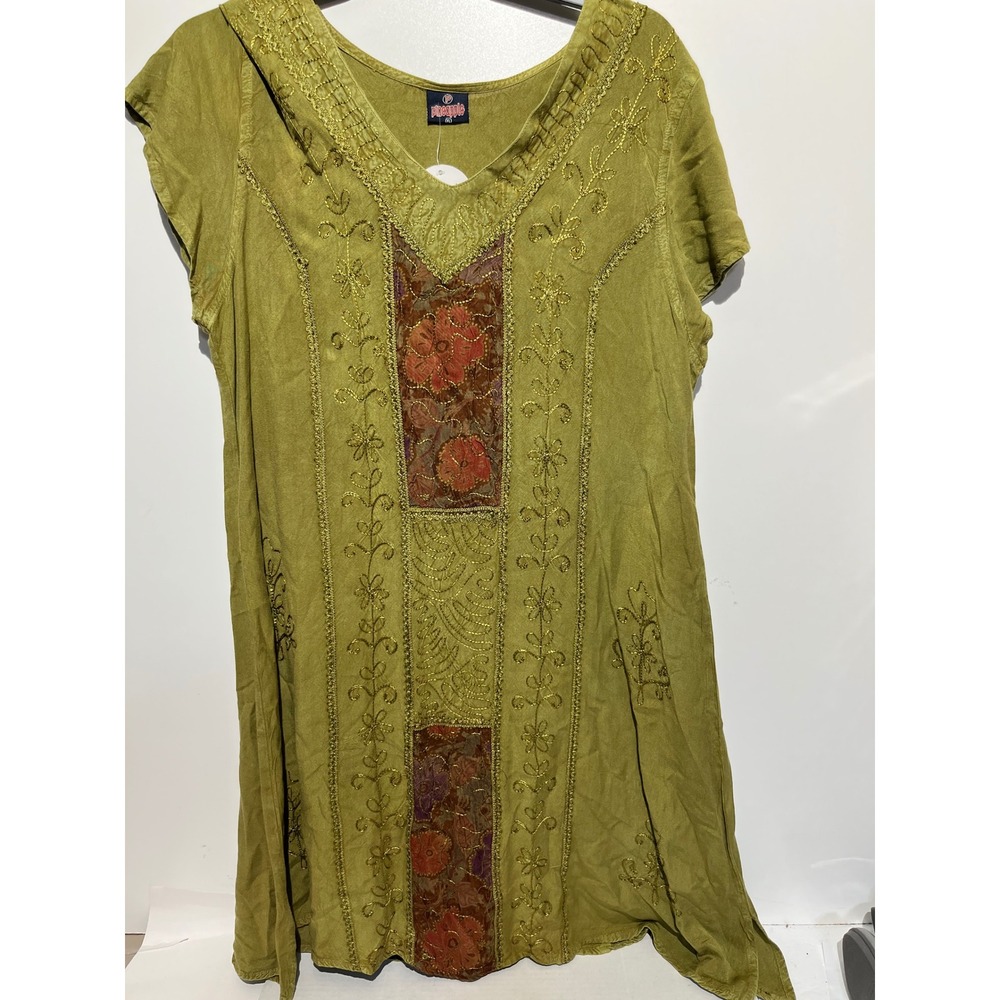 Pineapple Olive Green Floral Patchwork Gold Embroidered V-Neck Midi Dress XL NWT - Picture 2 of 10